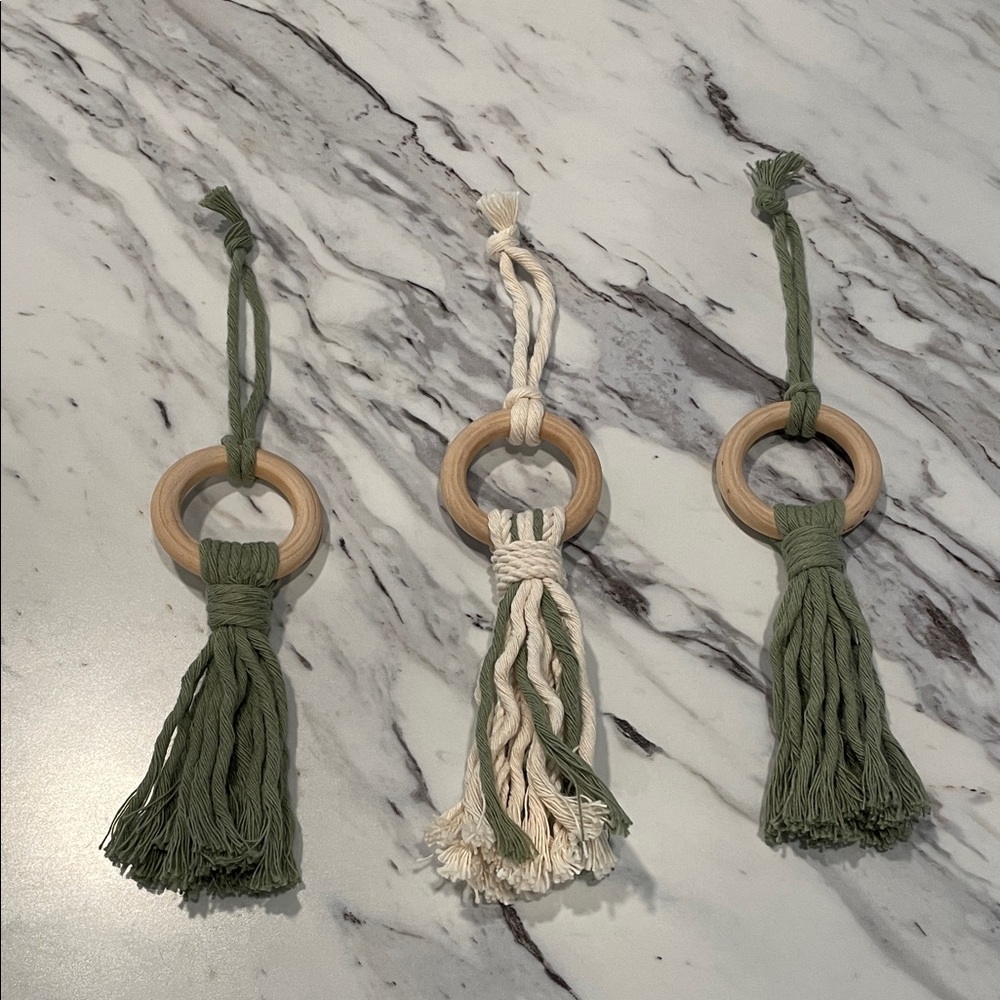 Handcrafted Green and Cream Macrame Ornaments